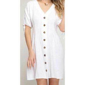 White Linen Summer Dress, Button Up V Neck SMALL